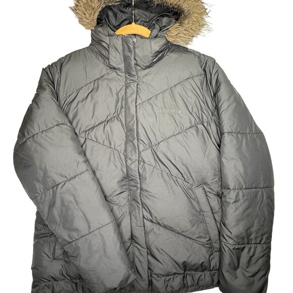 Columbia Snow Eclipse Puffer Jacket Women Sz XL Long Black Faux Fur Hood Parka - Picture 2 of 7
